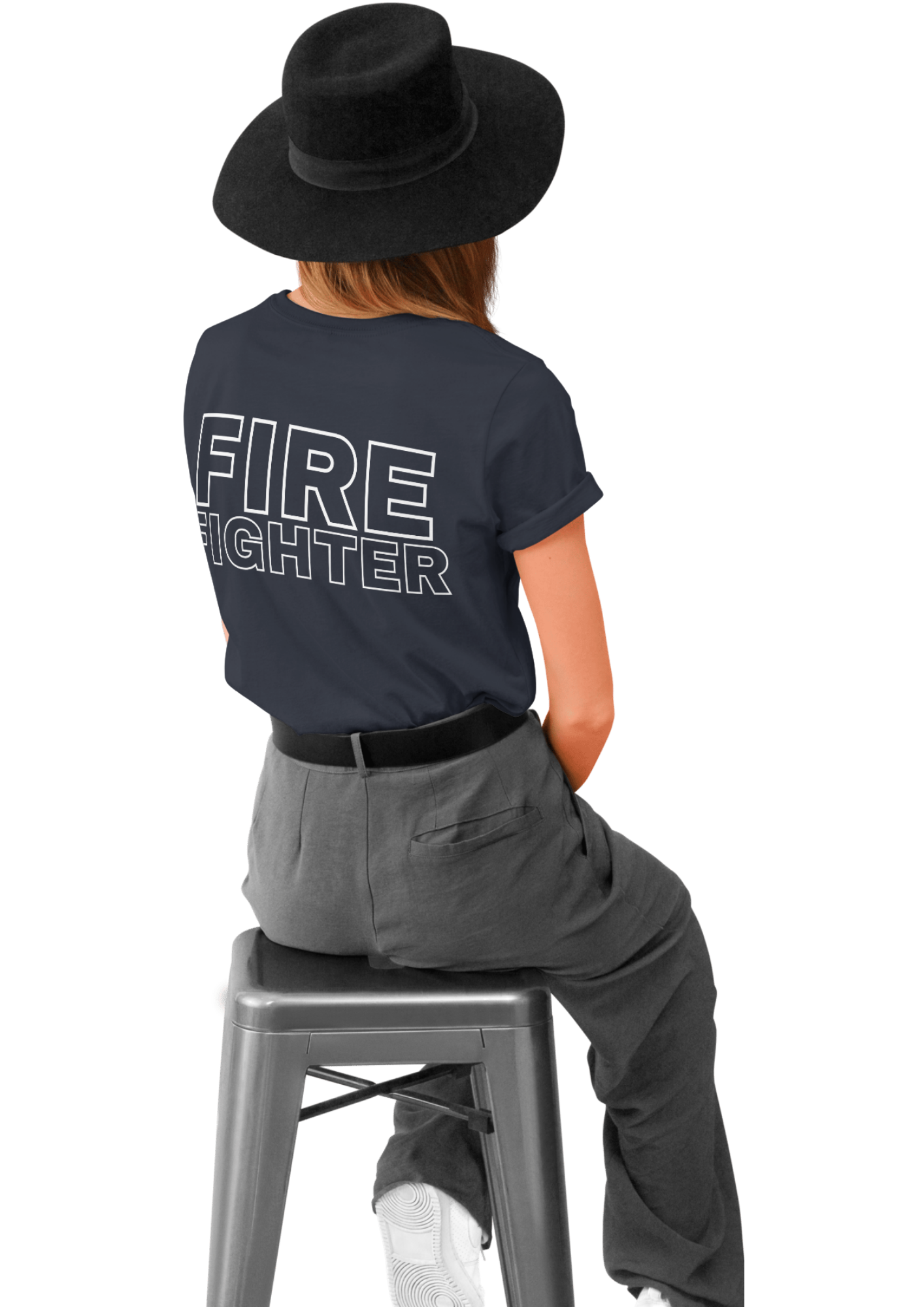 Womens Navy Tee Shirt With Fire Fighter or Emblem On Pocket & Fire Fighter On Back