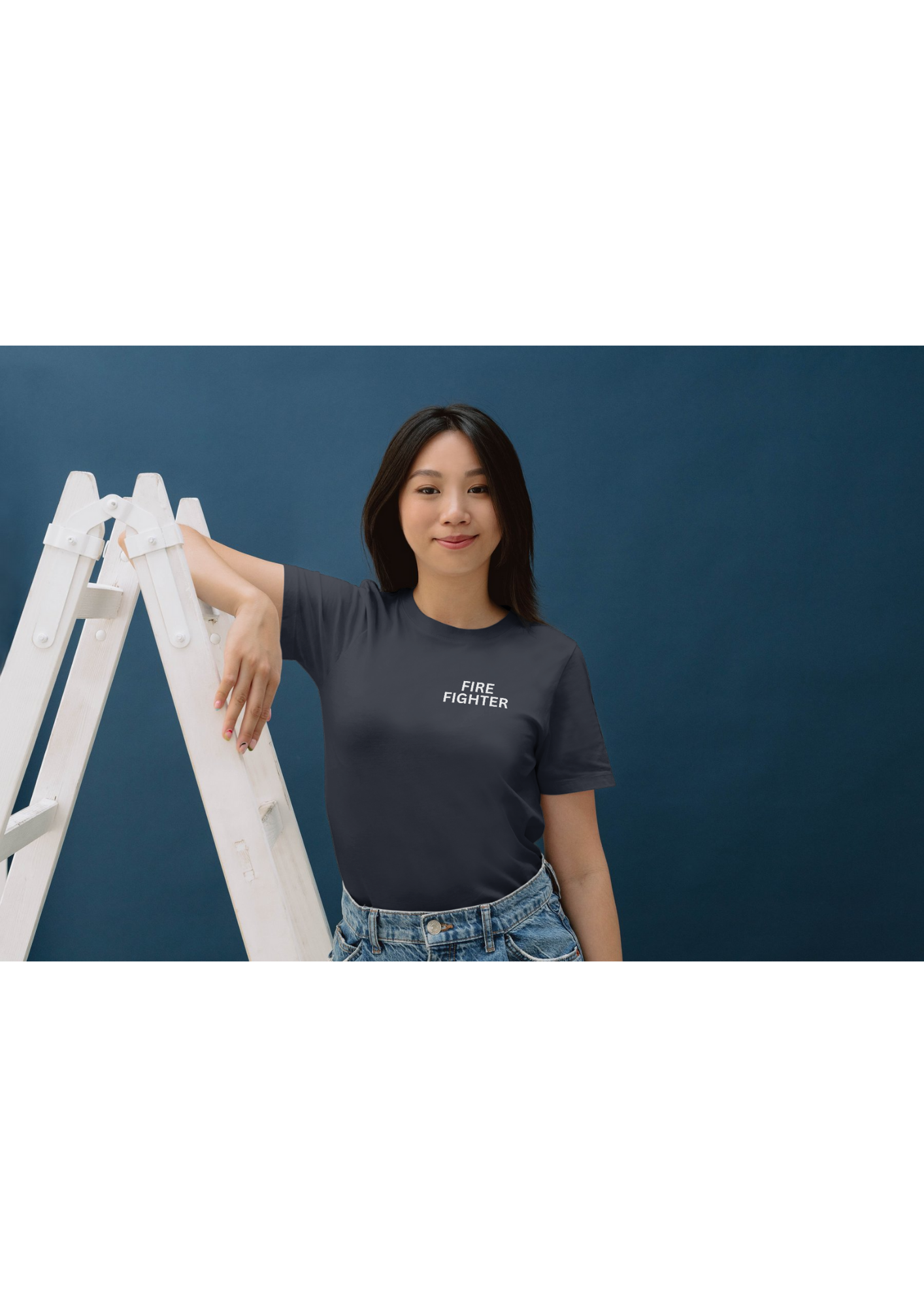 Womens Navy Tee Shirt With Fire Fighter or Emblem On Pocket & Fire Fighter On Back