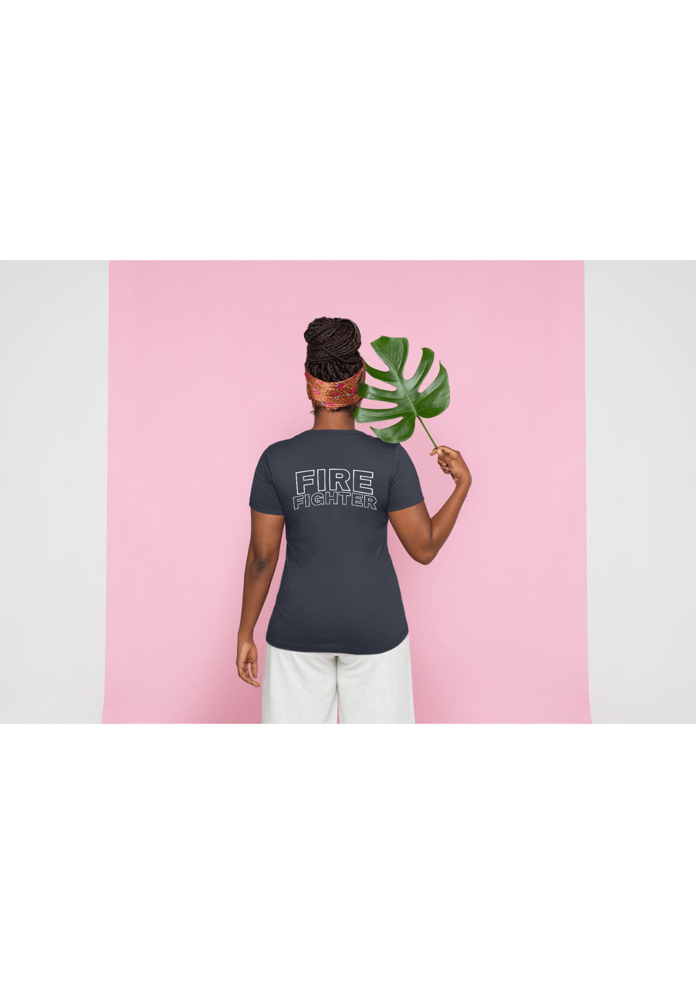 Womens Navy Tee Shirt With Fire Fighter or Emblem On Pocket & Fire Fighter On Back