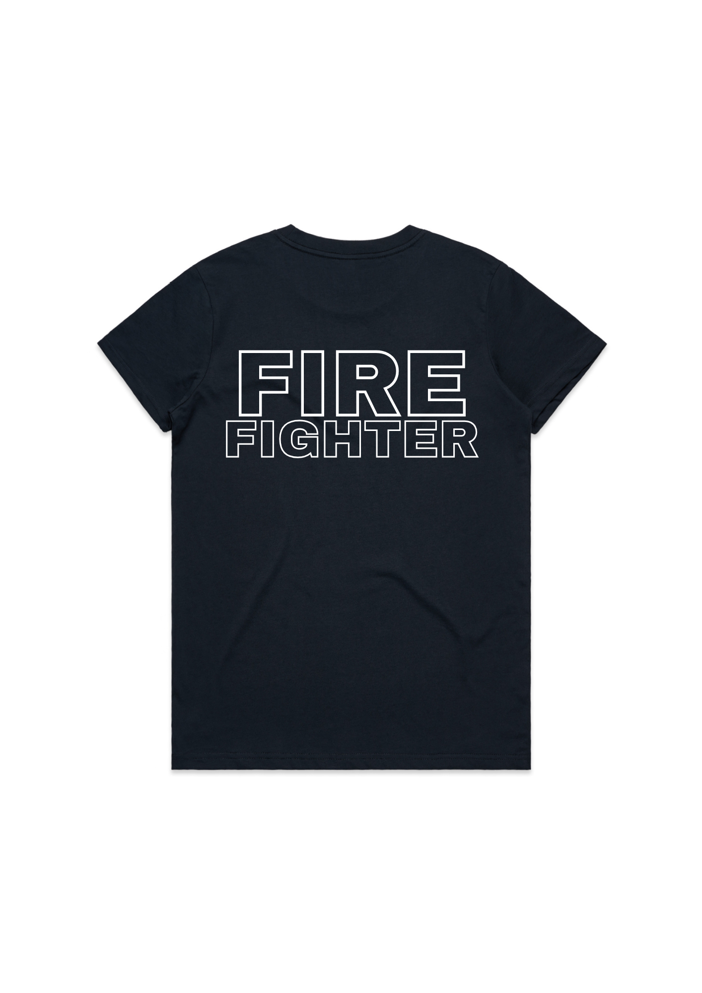 Womens Navy Tee Shirt With Fire Fighter or Emblem On Pocket & Fire Fighter On Back
