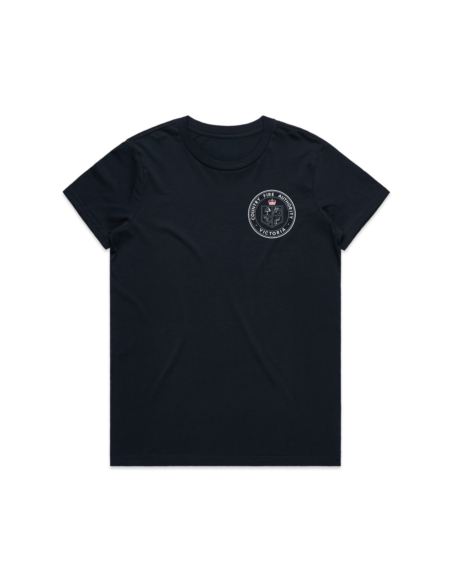 Womens Navy Tee Shirt With CFA Emblem To Pocket & Fire Rescue To Back
