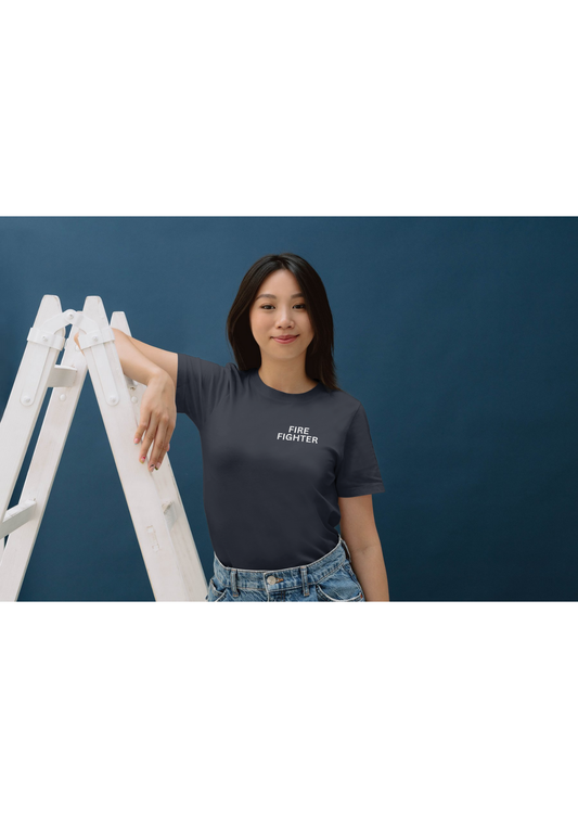 Womens Navy Tee Shirt With Fire Fighter or Emblem On Pocket & Fire Fighter On Back