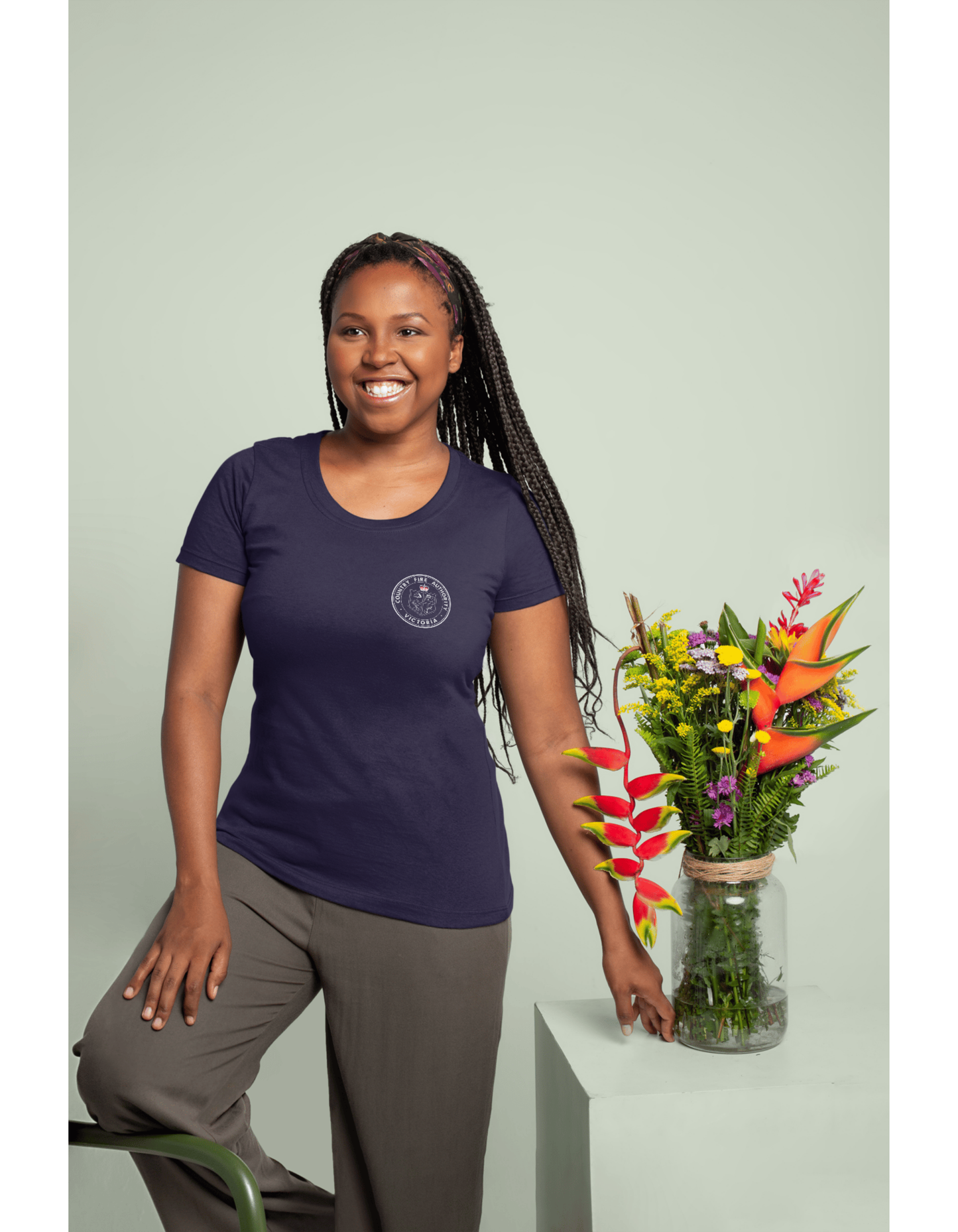 Womens Navy Tee Shirt With CFA Emblem To Pocket & Fire Rescue To Back