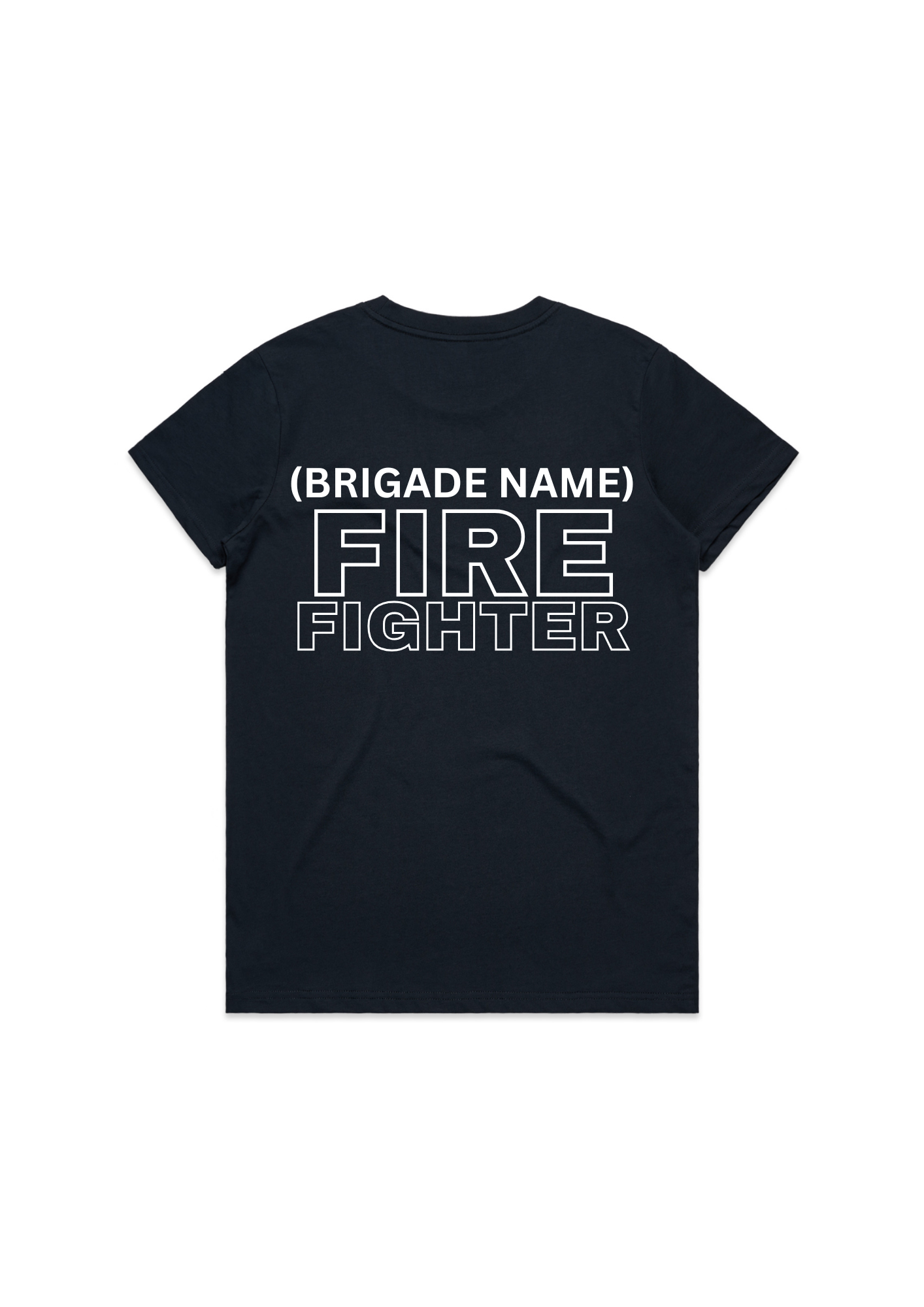Womens Navy Tee Shirt With Fire Fighter or Emblem On Pocket & Fire Fighter On Back